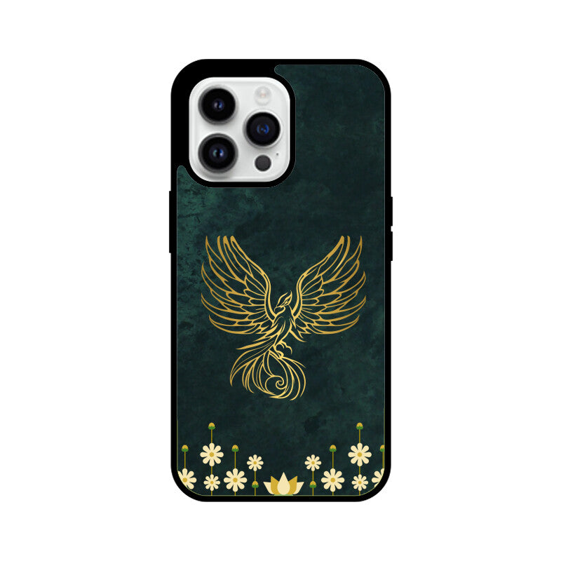 Green Minimalist Elegant Gold Flower and Phoenix Phone Case