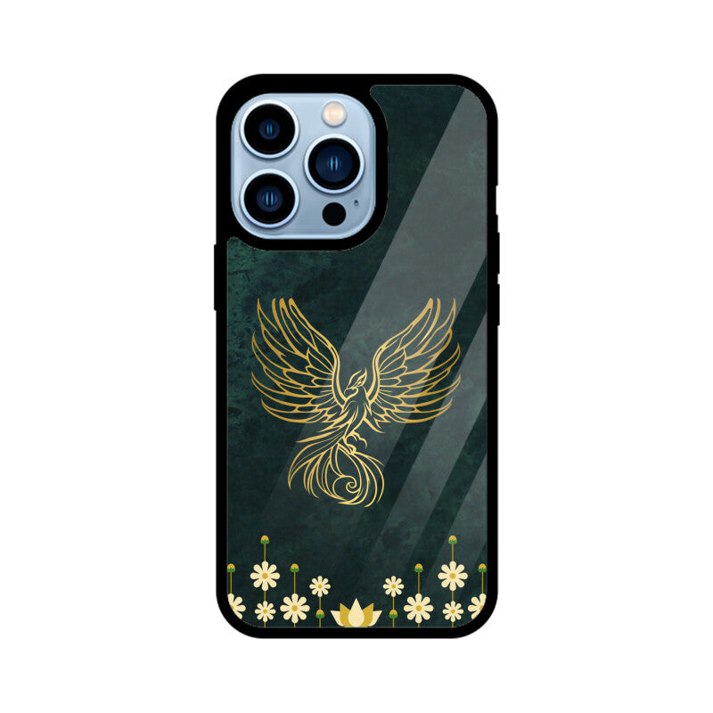 Green Minimalist Elegant Gold Flower and Phoenix Phone Case
