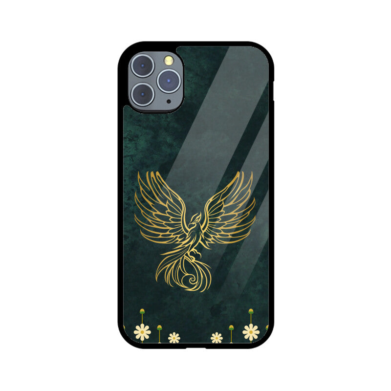 Green Minimalist Elegant Gold Flower and Phoenix Phone Case
