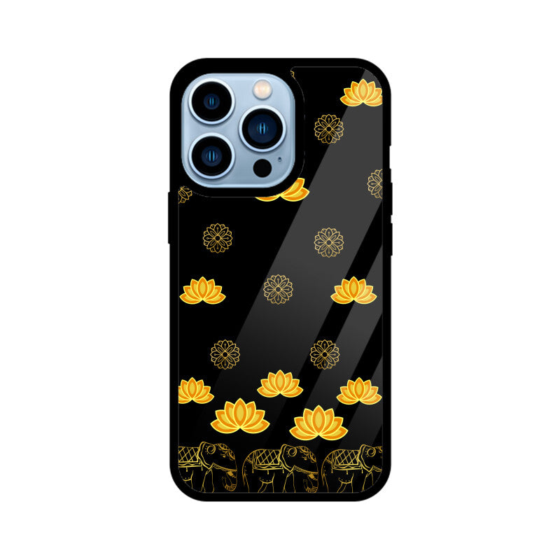 Royal Indian Art Elephant and Lotus Motifs in Black Phone Case