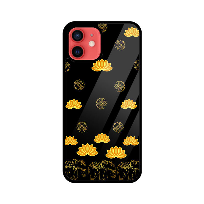 Royal Indian Art Elephant and Lotus Motifs in Black Phone Case